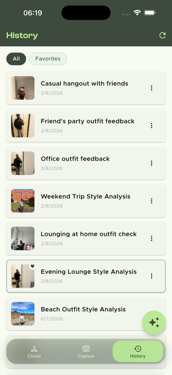 GoStylens History — saved outfit style reviews